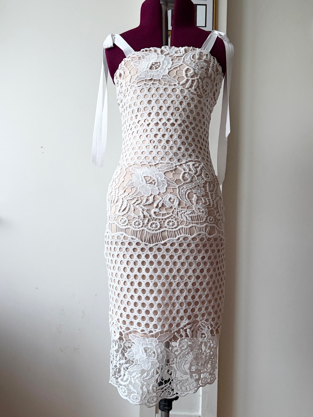 Ina Midi sheath dress with white organza lace overlay and ribbon shoulder ties